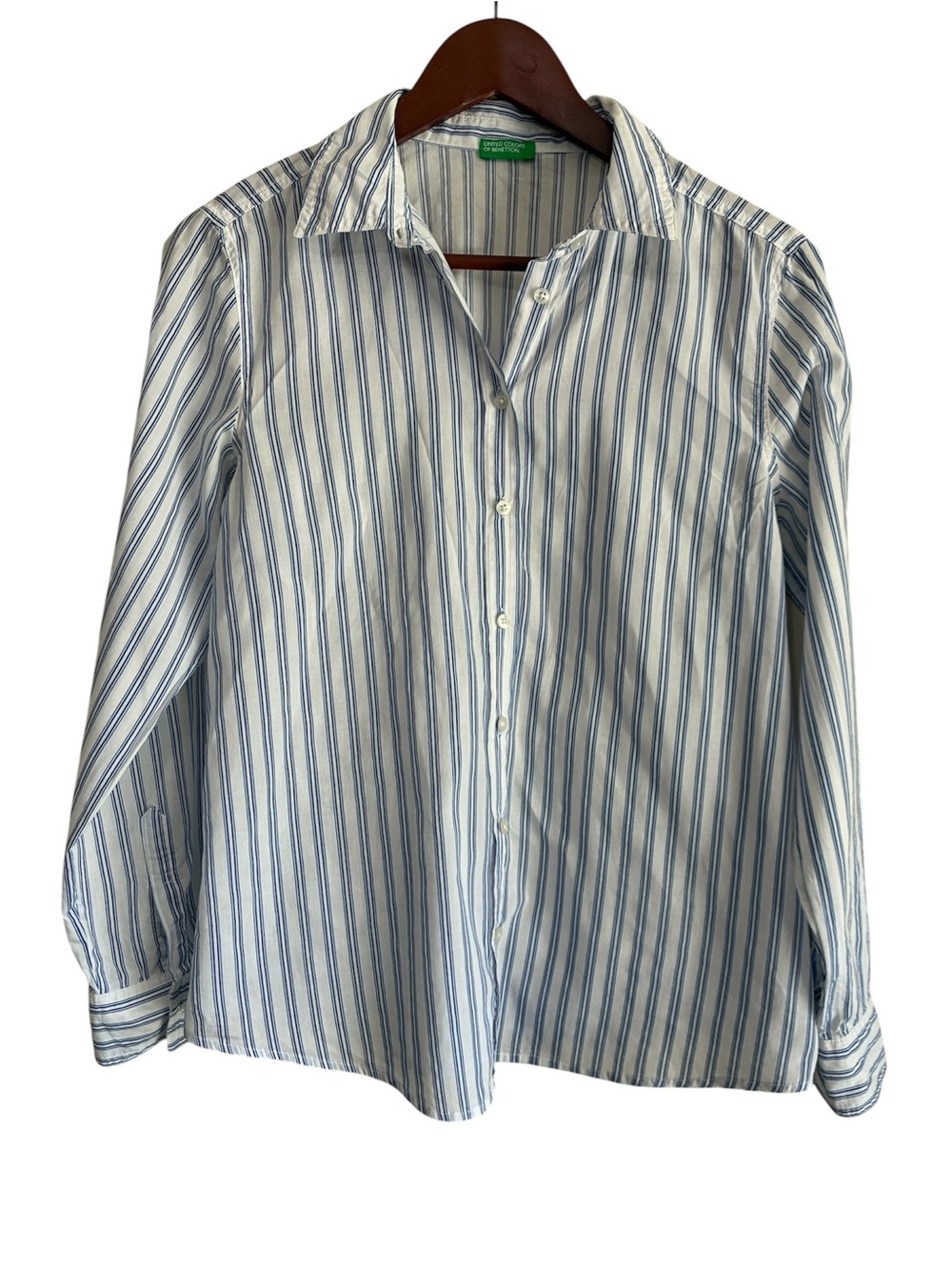 United Colors of Benetton Women's Blue & White Striped Button Up Shirt Medium